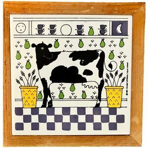 Vintage 1982 Lillian Vernon Cow Trivet • Alan Wood • 7” Square • Farmhouse Decor